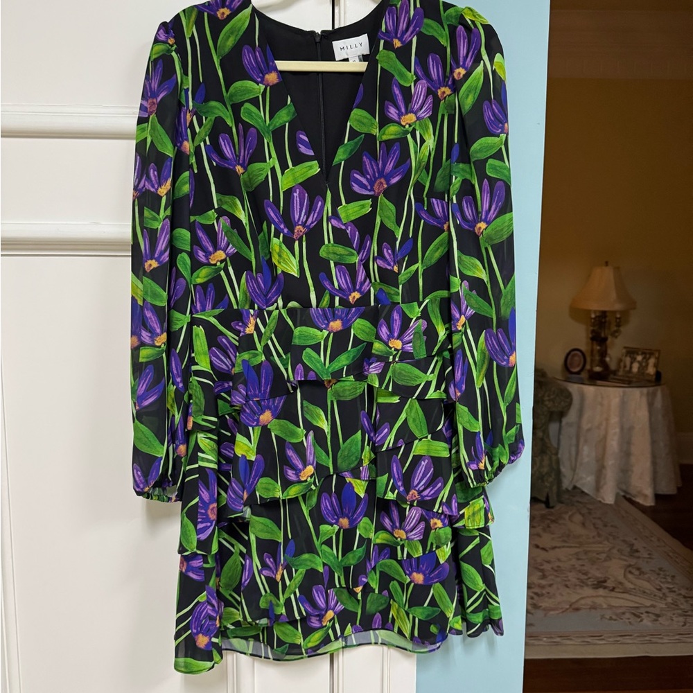Milly Black Dress with Purple and Green Floral Design size 10